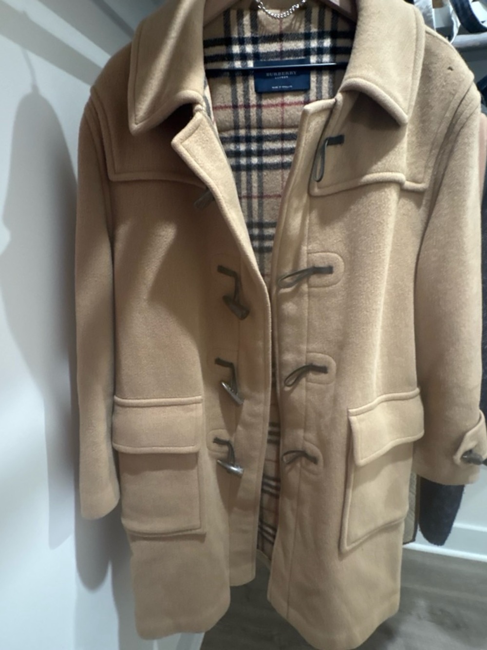 Burberry Men's Camel Wool Toggle Pea Coat with Check Lining